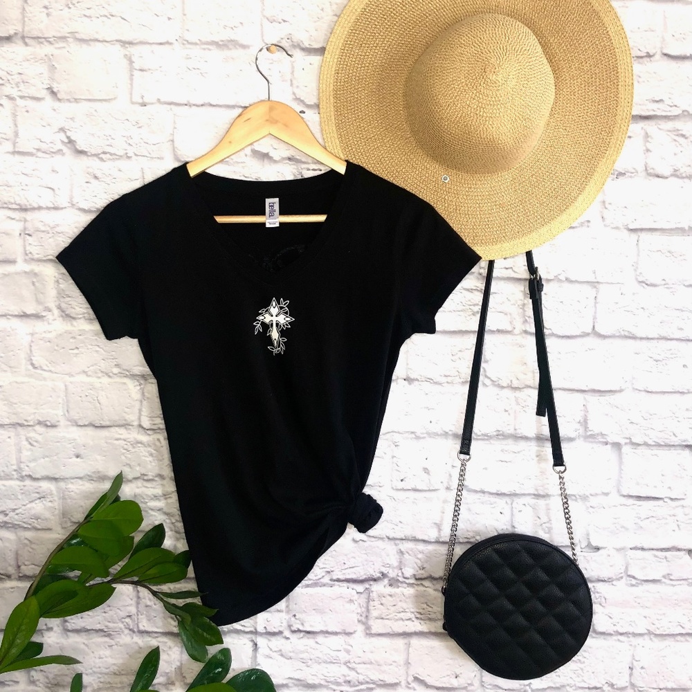 Cross & Butterfly T-Shirt, Religious Shirt, Faith Clothing, Trendy Shirt - Black